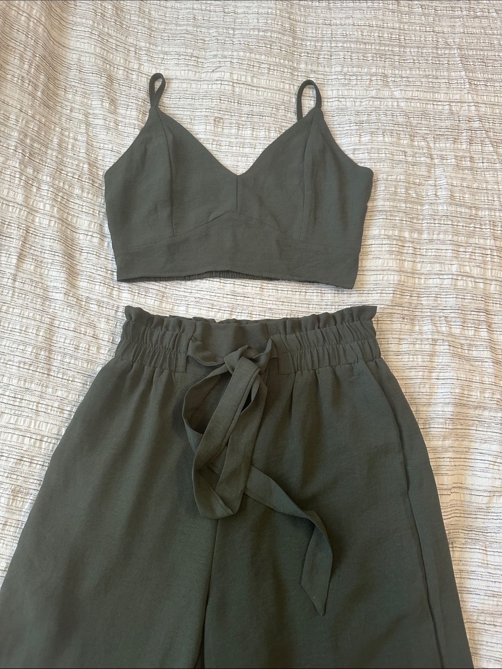 SHEIN Olive Green Wide-Leg Tie-Waist Pant Set